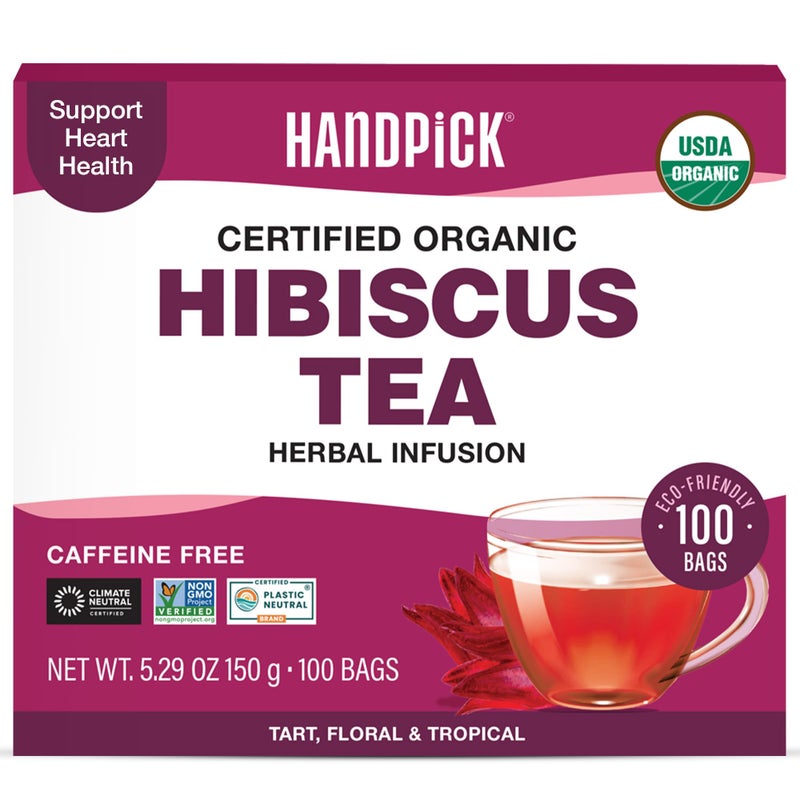 HANDPICK, Organic Hibiscus Tea Bags (100 Tea Bags) | Caffeine-Free, 100% Natural Pure Indian Hibiscus Flowers | Ayurvedic Benefits in every sip - Image 1